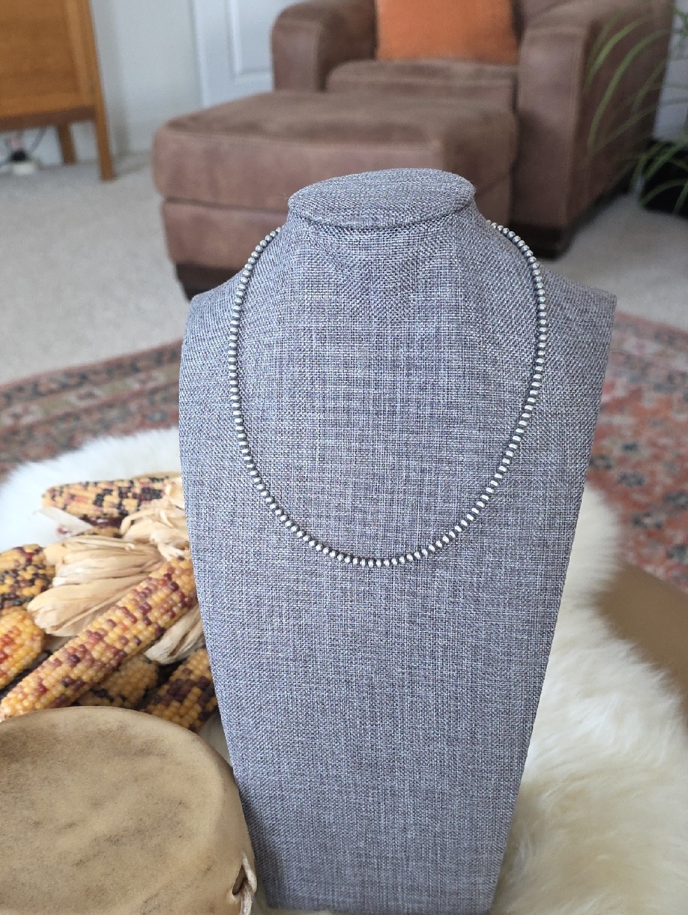 Beautiful NWOT Native American Navajo 16" 3mm Sterling Bead Pearl Necklace 🩶🎁